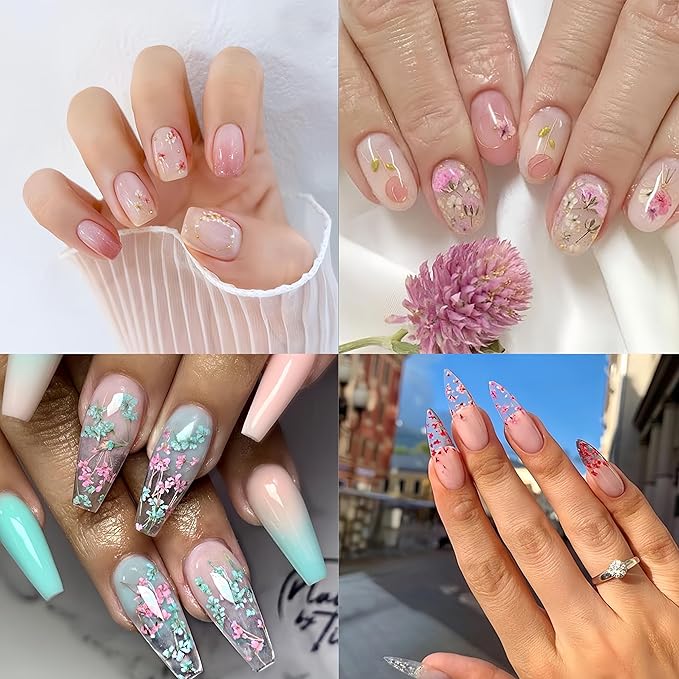 1Box Dried Flowers Nail Art Stickers 12 Colors Dry Flowers Mini Real Natural Flowers Nail Decals 3D Gypsophila Floral Nail Sticker for Women Manicure Decoration Makeup DIY Accessories