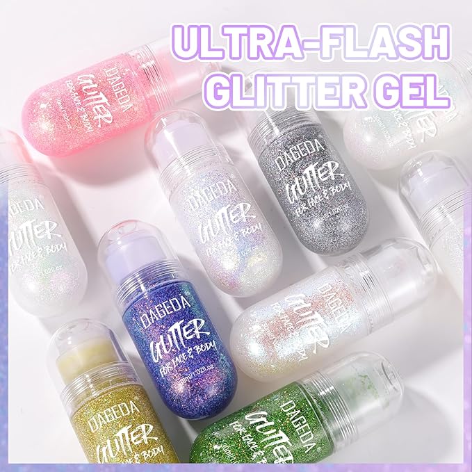 DAGEDA Body Glitter Gel, Roll-on Face Glitter for Mermaid Makeup Festival Rave Accessories, Holographic Hair Glitter Gel,Body Shimmer Halloween Makeup for Rave Party (Neon)