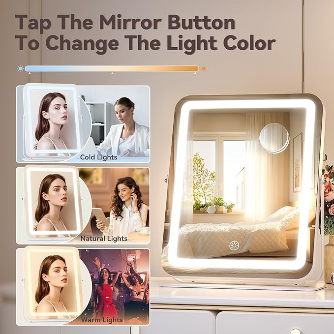 Hasipu Makeup Vanity Mirror with Lights, 11" L x 14" W LED Tabletop Make up Mirror for Desk, Lighting & Brightness Adjustment, 360°Rotation, 10x Magnification