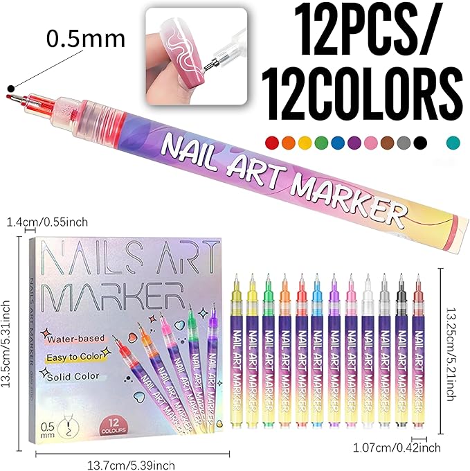 12 Colors Nails Art Pens Set,Nails Art Markers for Kids,Nails Art Markers Polish Pen for 3D Nails Art,DIY Nails Art Marker Drawing Painting Liner Pen,Portable Nails Art Tools(A-1 Set)