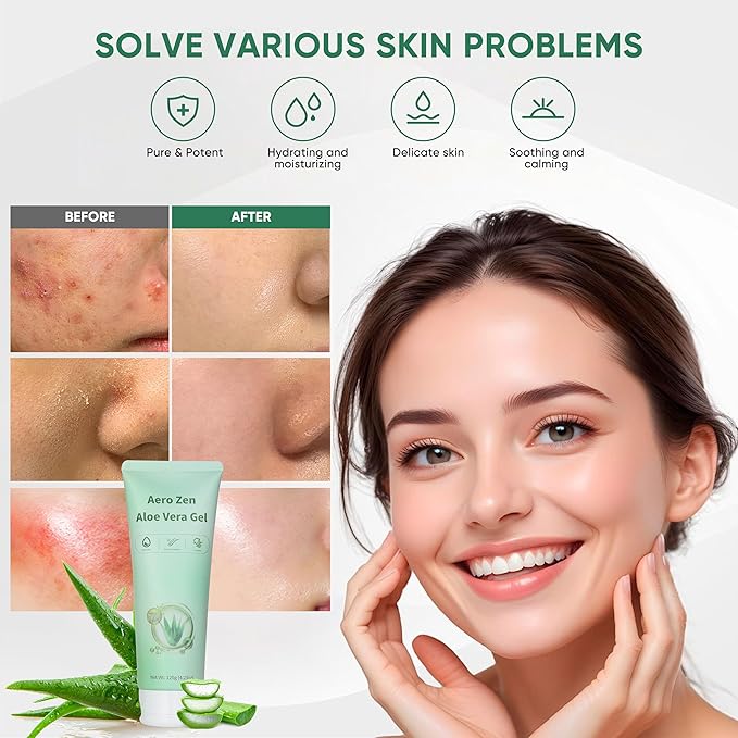 Aero Zen 98% Organic Aloe Vera Gel, Natural Moisturizing Pure Aloe for Face and Arms, Soothing & Hydrating Aloe Gel for Sunburn Relief and Deep Skin Nourishment, 4.23 oz