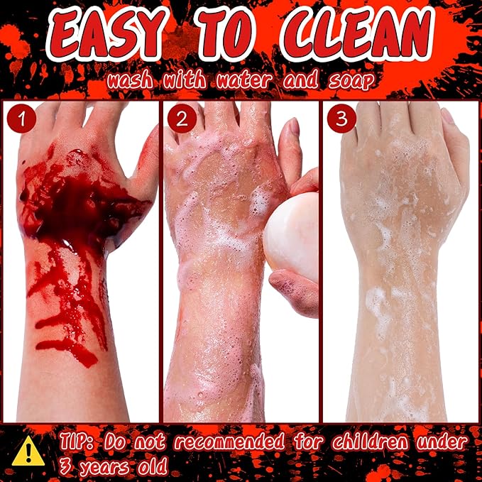TonJin Halloween Fake Blood Makeup Kit, 3PCS Realistic Washable Costume Blood Set (1.69oz Spray + 1.69oz Dripping + 1.01oz Coagulated ) for Zombie Vampire SFX, Dark Coagulated & Fresh Spray Effects
