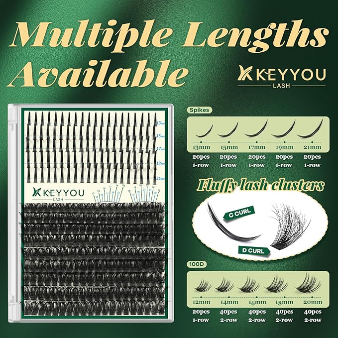 KEYYOU Lash Clusters 280Pcs 100D Long 10-18MIX Lash Spikes Eyelash Clusters Volume Individual Lashes DIY Spiky Lash Extension Cluster Eyelash Extensions(100D&Spikes-D-12-20MIX+13-21MIX)