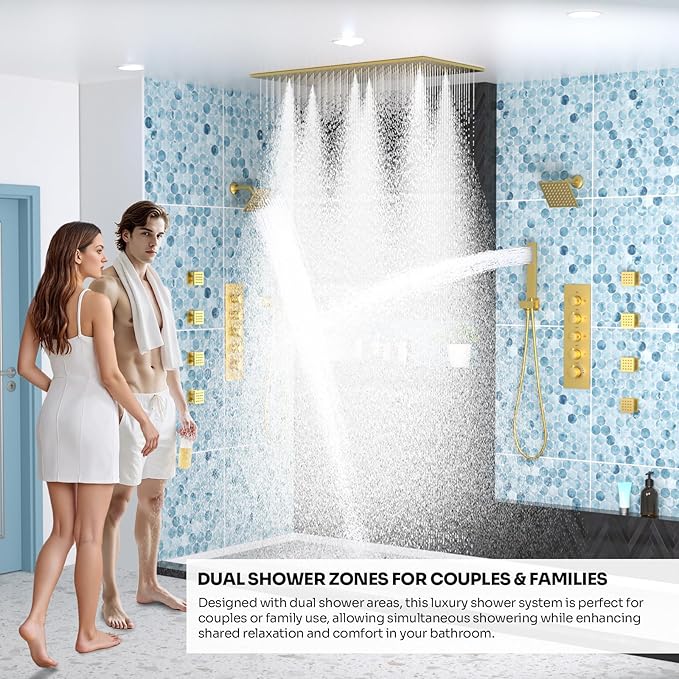 HOMEDEC Dual Shower System for Two, 16x32" Rain & 6" Shower Heads, 4-Way Diverter Valves, Shower Faucet Set with Body Jets & Handheld, Brushed Gold