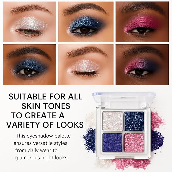 K'APEINE Glitter Shimmer Eyeshadow Makeup Palette, 4Colors Sparkle Eye Shadow Palettes Highly Pigmented Makeup Kit Long Lasting Waterproof Blendable Eyeshadow Palette
