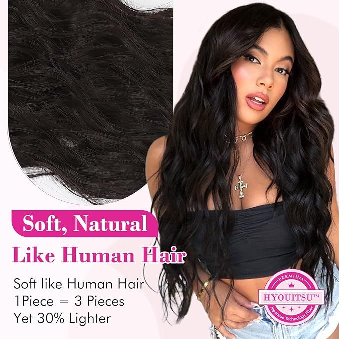 REECHO Clip in Hair Extensions, 20” One Piece Hair Extension Clip in Wefts Long Thick Beach Wavy Natural Soft Synthetic Hairpieces for Women, Black Brown