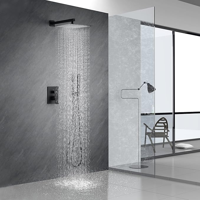 Fransiton Shower Faucet set with Shower head 10 Inches Rainfall Shower Head and Handle Set Single Handle Wall Mounted Shower System Set with Female Threads Valve Body(Matte Black)