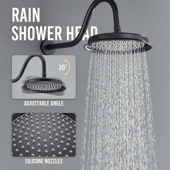 DASAN Antique Shower Faucet Set Complete Rain Shower System in Wall with Body Shower Spray Jets, Oil Rubbed Bronze Shower Fixtures with Rainfall Overhead Shower, Handheld, Valve & Trim Kit, AT249W-ORB