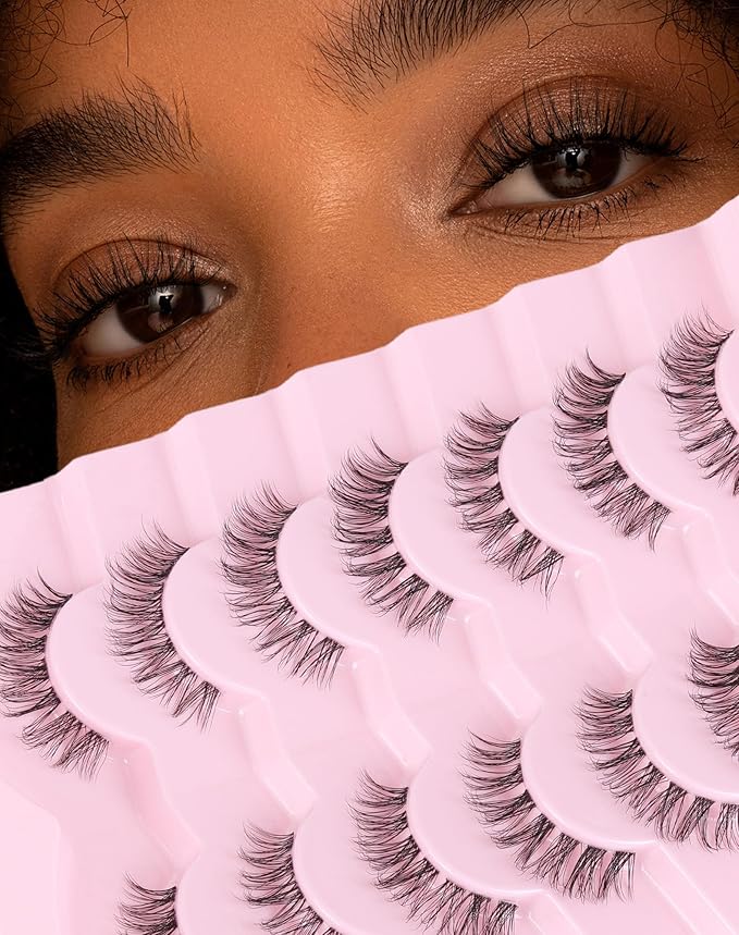 Wispy lashes natural look false eyelashes C curl fake lashes 3d Fluffy eye lashes clear band lashes Pack 7 Pairs