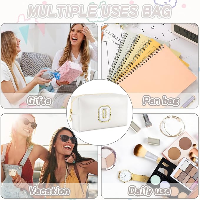 URSKYTOUS Gifts for Girls Initial Makeup Bag Personalized Cosmetic Bag with Zipper Cute Travel Toiletry Bags Waterproof PU Preppy Makeup Pouch Birthday Gift for Teen Girls Women(White O)