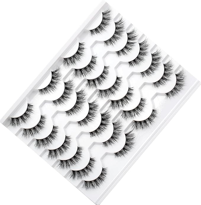 Pooplunch False Eyelash Strips Natural Crossed Cat Eye Lashes Fluffy Volume Wispy C-Curly Faux Mink Fake Eyelashes 14 Pairs Pack