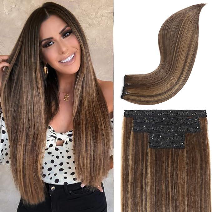 REECHO Clip in Hair Extensions, Hair Extensions Thick Long Lace Weft Lightweight Synthetic Hairpieces for Women (24 Inch-240 Gram(Pack of 5), Medium Brown with Blonde Highlights)