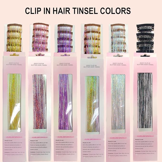 47" Holographic Hair Tinsel Shining Gold Professional Sparkle Heat-Resistant Silk Extensions, Hair Accessories for Girls, Party Hair, Gifts for Girls (6PCs Clip in Hair Tinsel Kit, Rainbow Galaxy)