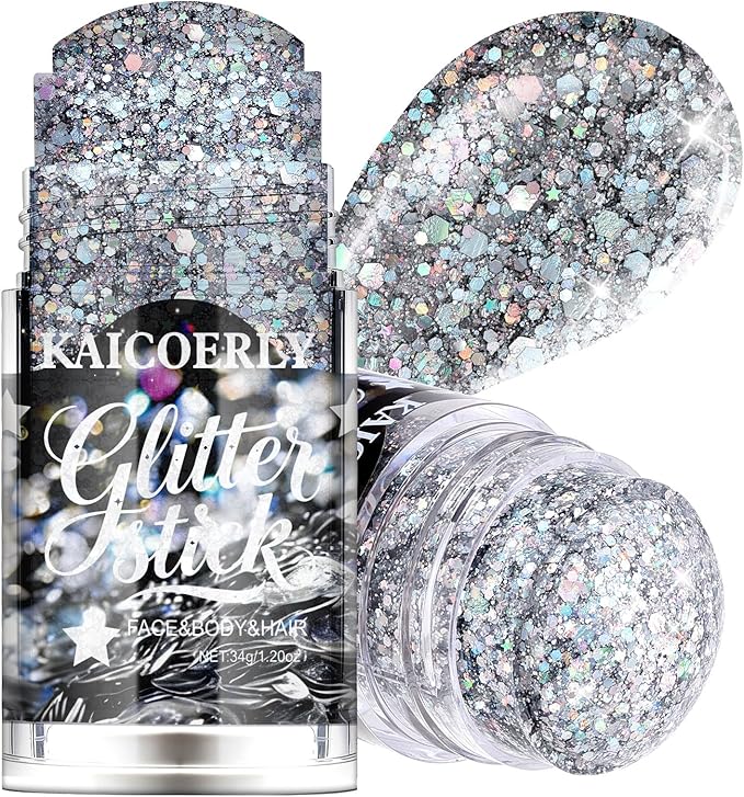 Silvery Body Glitter Gel, Roll-on Holographic Body Glitter for Face Body Hair, Chameleon Color Changing Glitter Gel for Rave Party Mermaid Sequins Festival Accessories Shimmer Makeup #2