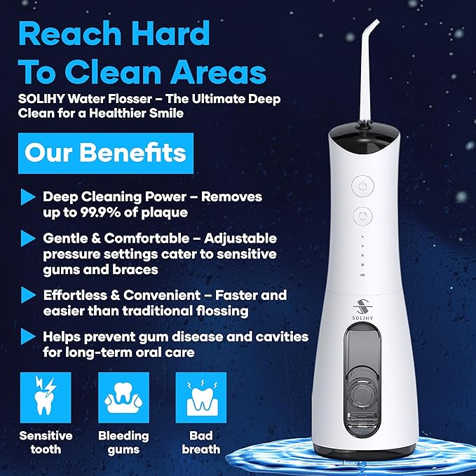 SOLIHY Cordless Water Flosser, Water Dental Flosser, Rechargeable Irrigation Cleaner,4 Modes Portable Water Flosser with 5 Nozzles, Water Flossers for Teeth, Dental Tools (White)