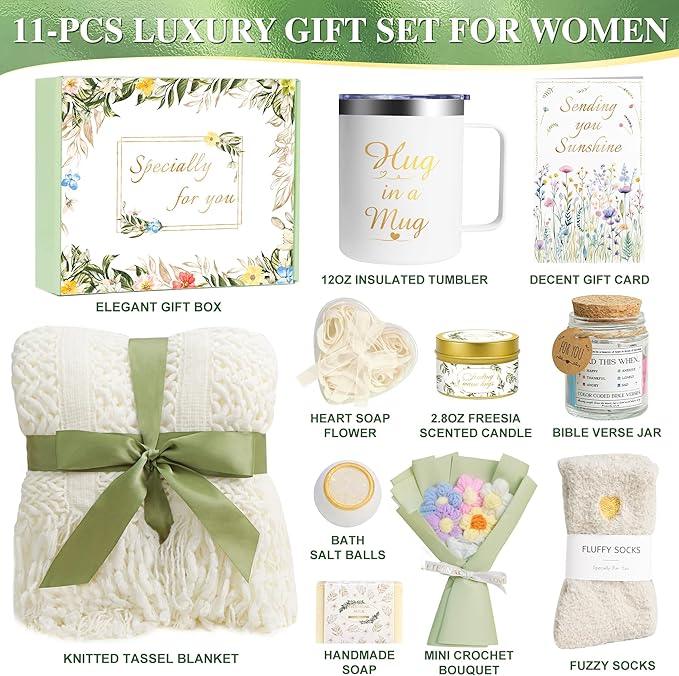 Valentines Day Gifts for Her Women Girlfriend Wife Daughter, 11 Pcs Birthday Gifts for Women Mom Her Best Friend Sister Grandma, Self Care Gift Get well Relaxing Spa Thank you Sympathy Gift Basket Set