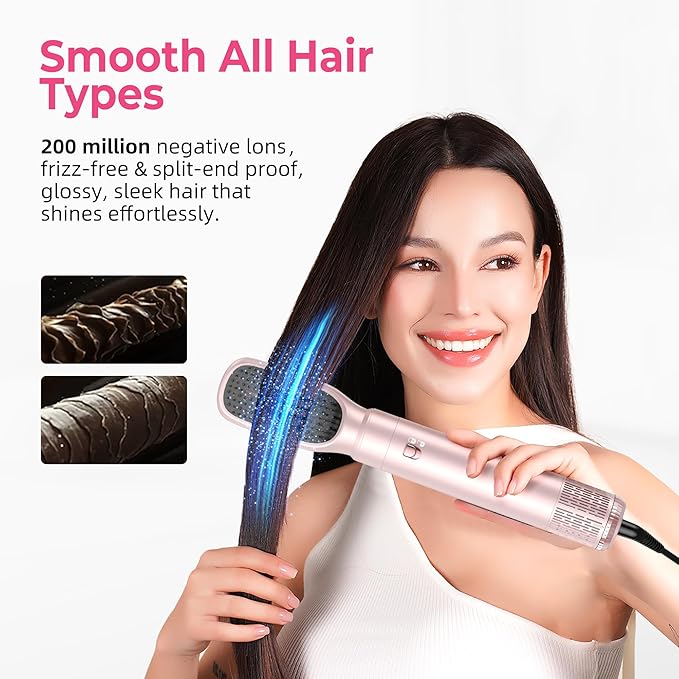 6 in 1 Hair Dryer Brush, Detachable Air Styler, Blow Dryer Brush 3 Heat Settings Frizz-Free Drying, Volumizing, Straightening, Curling for Travel & Home Styling (Pink-A)