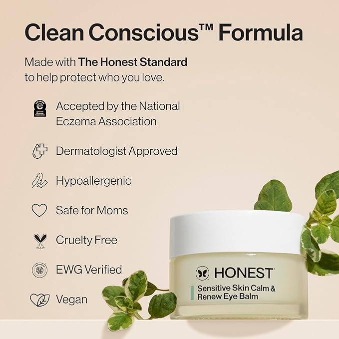 Honest Beauty Sensitive Skin Calm Renew Eye Balm, Moisturizing, Firming, Hypoallergenic, Fragrance-Free, Vegan, 0.5 oz