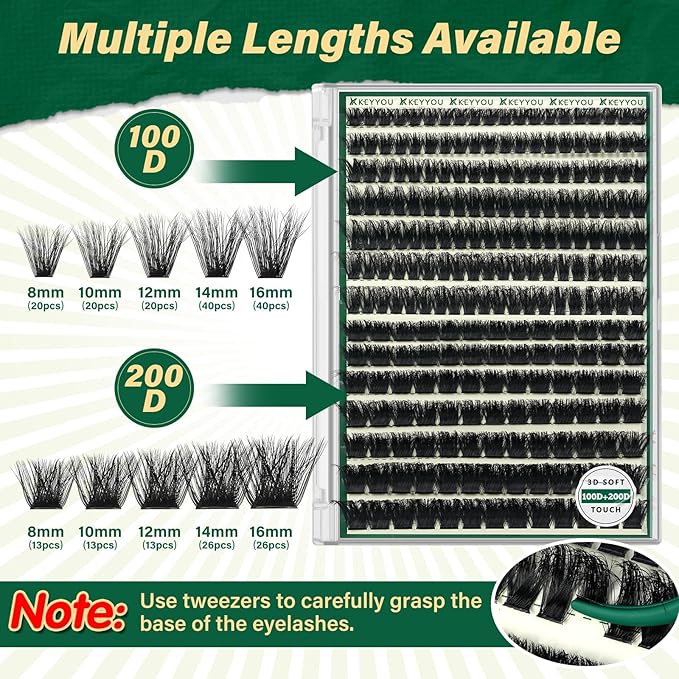 KEYYOU Lash Clusters 3D Effect Eyelash Clusters 231pcs 100D200D D Curl 8-16MIX Individual Lashes Wispy Lashes Volume Cluster Lashes Natural Soft DIY Lash Extension(3D-100D200D-D-8-16MIX)