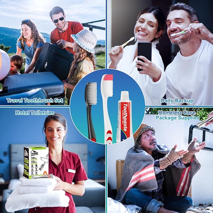 100 Pack Disposable Toothbrush with Toothpaste Set, Individually Wrapped Travel Toothbrushes for Adults & Kids, Portable Soft Bristle Kit for Camping, Hotel, Emergency Use (Black, 5g)