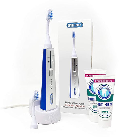 Emmi-dent Oral Waver Electric Toothbrush with 100% Ultrasound Technology, Gentle Vibration and Nano-Bubble Toothpaste. Ideal for Sensitive Teeth, Plaque Removal and More! (Half Year Supply Set)