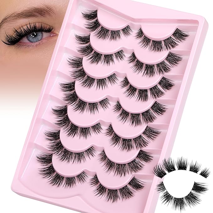 JIMIRE False Eyelashes Natural Look Wispy Lash Clusters Manga Cat Eye Lashes 15MM Mink Lashes Fluffy Russian D Curly Strip Lashes Look Like Lash Extensions Pestañas 7 Pairs Pack