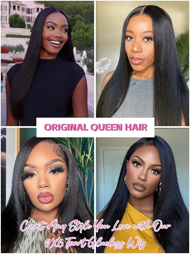 ORIGINAL QUEEN Straight Wear Go Glueless Wigs Human Hair Upgrade 9x6 T-Part Pre Cut Lace Straight Wig Pre-Plucked Flip Over Beginner Friendly with Drawstring 180% Density 22 Inch