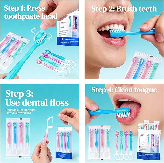 Disposable Travel Toothbrushes with Toothpaste, Individually Wrapped Mini Single Use Toothbrushes, No Water Needed Toothbrushes with Tongue Scraper for Travel, Hotel, Camping (52Packs)