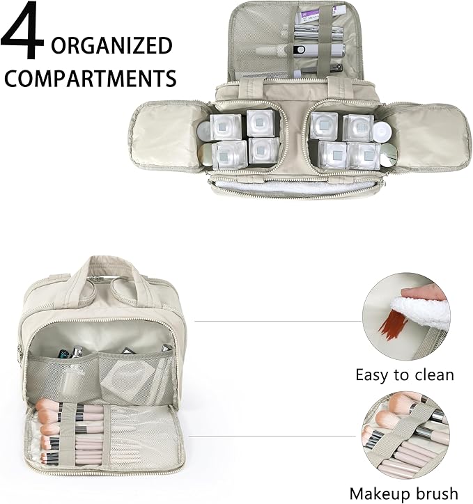 BUZFOWU Travel Toiletry Bag for Women, Large Wide-open Puffy Cosmetic Makeup Bag with Wet-Dry Separation, Multi-Pocket Organizer with Carry Handle for Toiletries, Cosmetics, Essentials, Beige