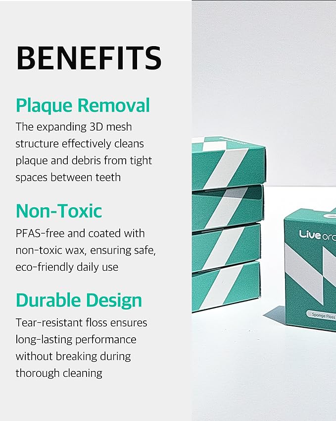 Live Sponge Dental Floss – 164ft (50m) Pack of 6, PFAS-Free, Non-Toxic Wax, Expanding 3D Mesh for Gentle & Effective Cleaning Between Teeth