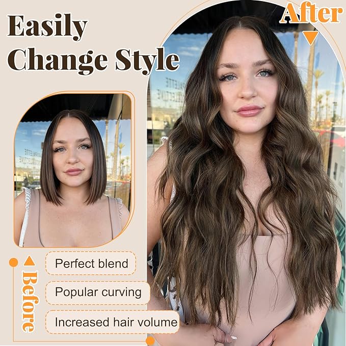 ALXNAN Clip in Hair Extensions for Women,Chocolate Brown with Dark Brown Long Wavy Hair Extensions Clip Ins 4PCS 24 Inch Synthetic Soft and Natural Thick Hair Pieces for Women