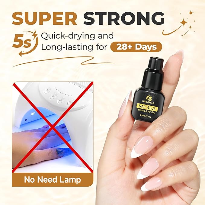 UNA GELLA Fast Drying Super Strong Nail Glue for Press Ons(5ML*3PCS) Acrylic Nails Tips No U/V Light Needed Press On Nail Glue Salon Quality Professional Nail Glue Home DIY with Opener, Drip Use