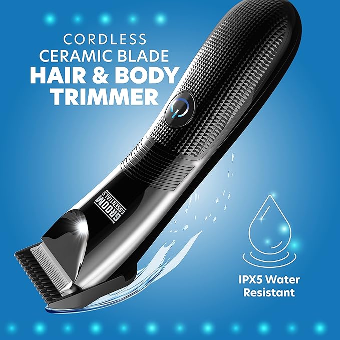 CHARGEWORX Groom Essentials Electric Hair Trimmer, Body-Hair Shaver with Ceramic Blades, Adjustable Trimming Guide, IPX5 Water-Resistant, Includes Trimmer Stand and Brush, Batteries Not Included