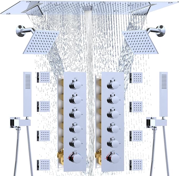 HOMEDEC Dual Shower Faucet Set for Couples, 15x28" 4-Function & 6" Side Shower Heads, 5-Way Diverter Valves, Shower System with Body Jets, Chrome