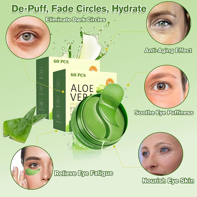 Lktvys Aloe Vera Eye Gel Patches 2 Pack 120 PCS, Soothing & Hydrating, Reducing Dark Circles and Puffiness, Collagen-Infused Eye Mask, Refreshing & Rejuvenating, Suitable for Both Men and Women