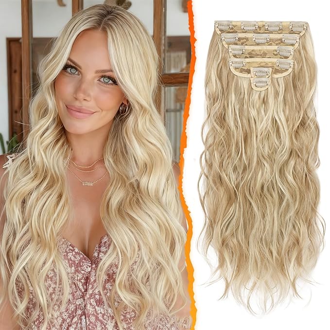 BARSDAR Light Ash Blonde Beach Wave Clip in Hair Extensions – Long Wavy Blonde Clip in Hair Extensions for Women - 20 Inch 6 PCS Thick Soft Synthetic Voluminous Full Head Easy Wear Hairpieces