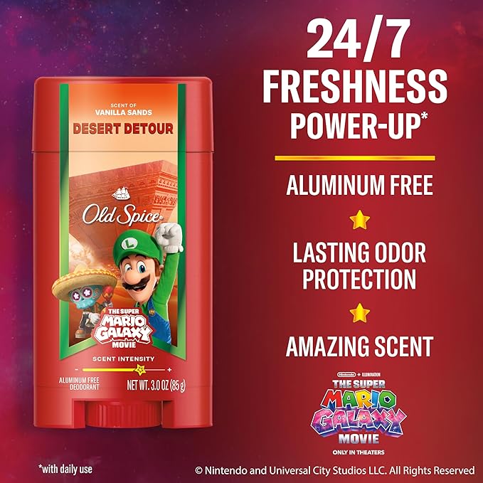 Old Spice Aluminum Free Deodorant for Men, Old Spice x The Super Mario Galaxy Movie, 24/7 Lasting Freshness, Lasting Odor Protection, Smell Super with Desert Detour, Vanilla Sands Scent, 3.0 oz