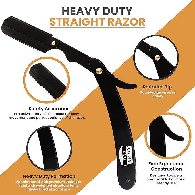 Utopia Care Professional Straight Razor for Men, Barber Straight Edge Razor Safety with 100 Pack Blades, Black