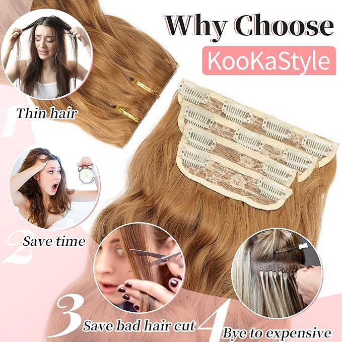 KooKaStyle Clip in Synthetic Hair Extensions Long Wavy 4PCS Thick Hairpieces Auburn Brown Fiber Double Weft Natural Hair Extensions 20 Inch for Women