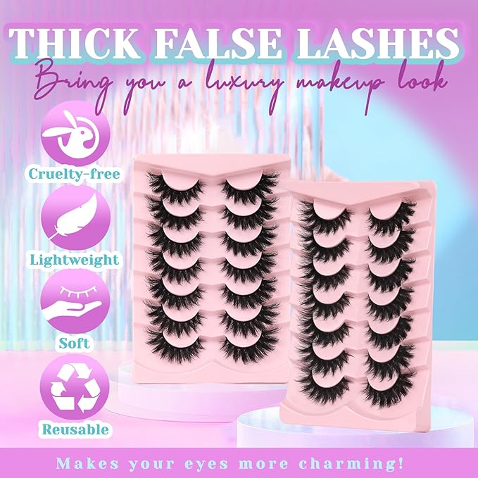 Losha Lashes Volume False Eyelashes Fluffy Cat Eye Lashes 7 Pairs Crisscross Lashes Strips 8-18mm Thick Fake Eyelashes 3D Faux Mink Lashes (FC03)