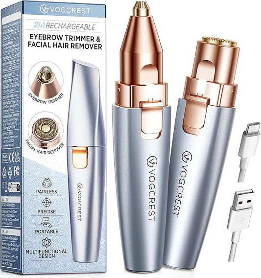 Eyebrow & Facial Trimmer: 2 in1 Rechargeable Facial Hair & Eyebrow Shaver - Painless LED Light (Sky Blue)