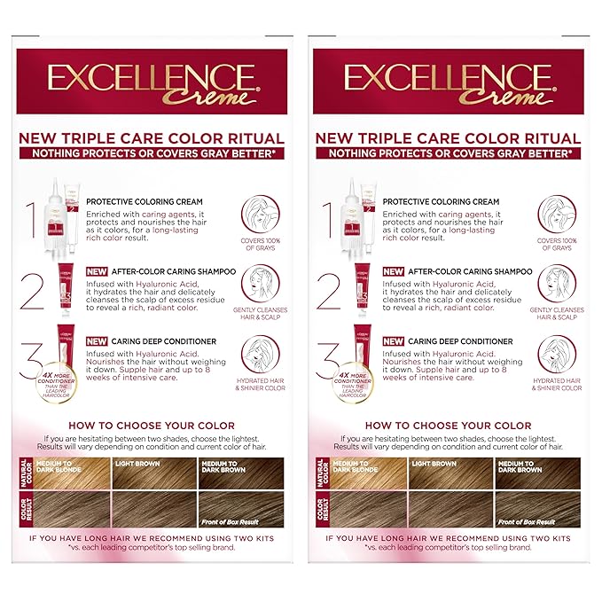 L'Oreal Paris Excellence Crème Permanent Hair Dye, Triple Care Hair Color with Hyaluronic Acid for 100% Gray Coverage, 6A Light Ash Brown, 1 Kit (Pack of 2) (Packaging May Vary)