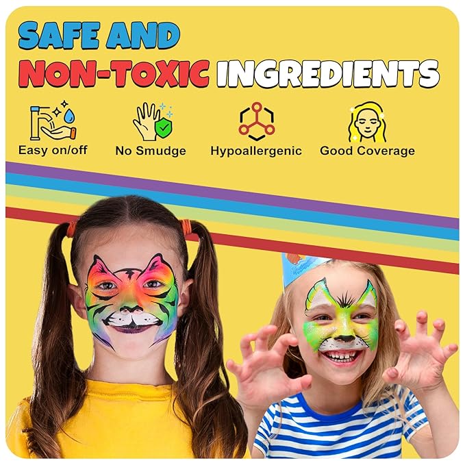 Professional Face Painting Kit for Kids & Adults, Split Cake Face Paint Palette 12 x 10gm with Stencil, One Stroke Non Toxic Rainbow Body Paint Set for Halloween & Christmas Makeup
