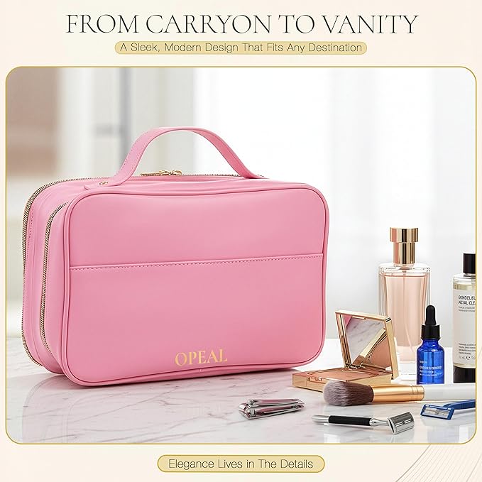 OPEAL Women’s Travel Makeup Organizer – Waterproof Modular Cosmetic Case with Compartments, Elegant Toiletry Bag for Carry-On & Daily Essentials, Pink