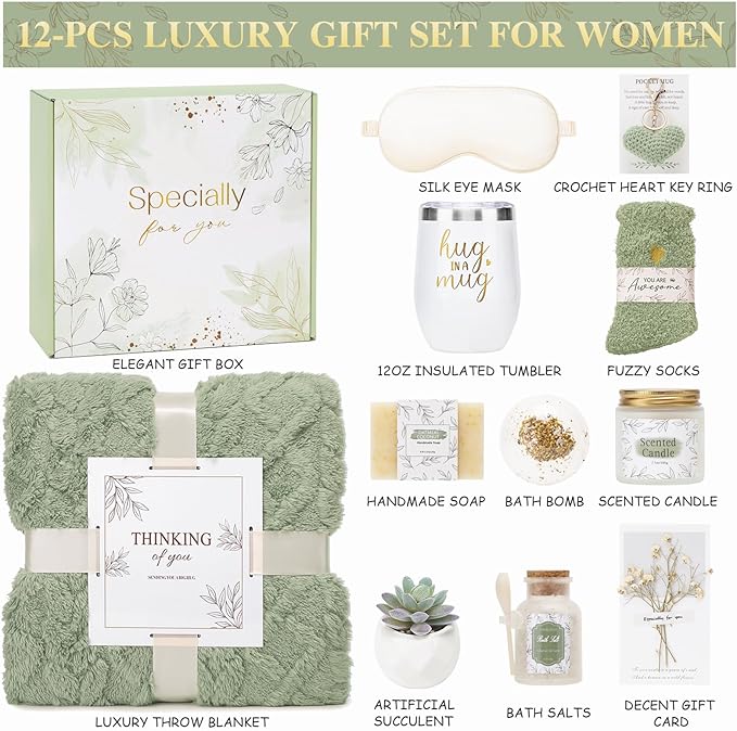 CuriBox Get Well Gifts for Women Self Care Gifts Basket - Relaxing Spa Care Package After Surgery Thinking of You Birthday Gift - Feel Better Sympathy Gift Set for Her Mom Sister Friend Wife (Green)