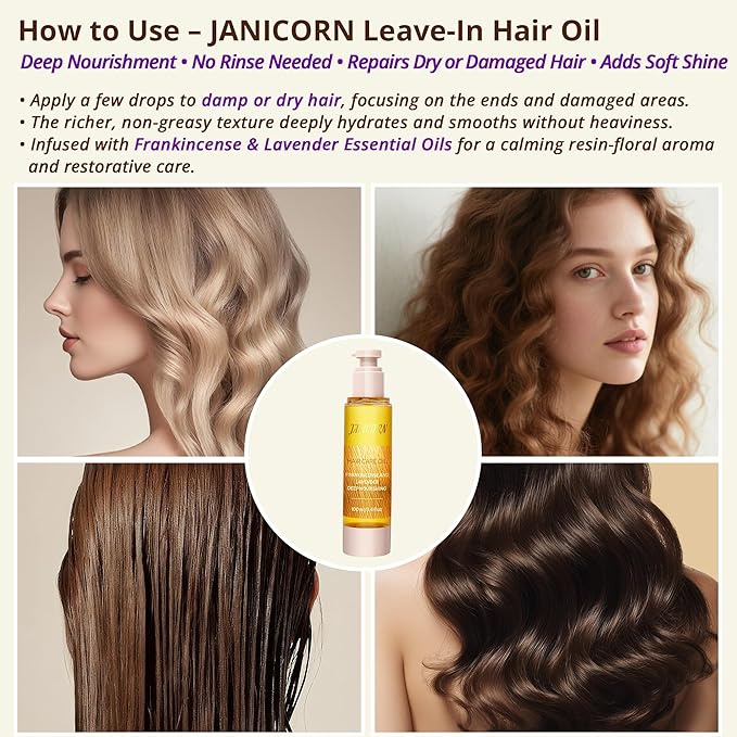 Leave-In Hair Oil – Nourishing & Conditioning Oil with Jojoba & Argan Oils, Frankincense & Lavender Aroma, Smoothness & Frizz Control for Dry or Damaged Hair, 3.4 fl oz / 100 ml