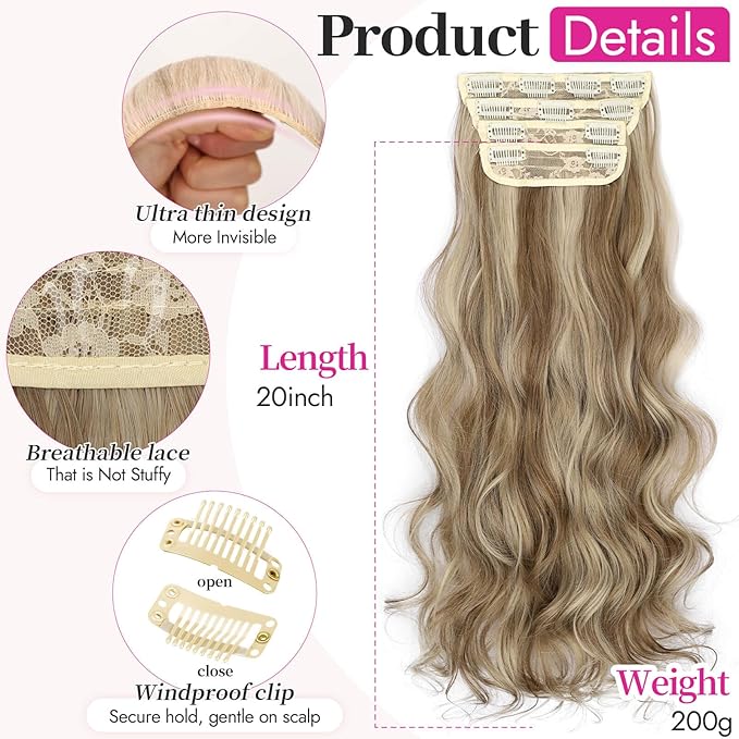 Kookastyle Clip in Hair Extensions, Natural Long Layered Soft Invisible Synthetic Curly Wavy Hairpieces for Women,4 pcs(20 Inch，Ash Blonde Balayage)