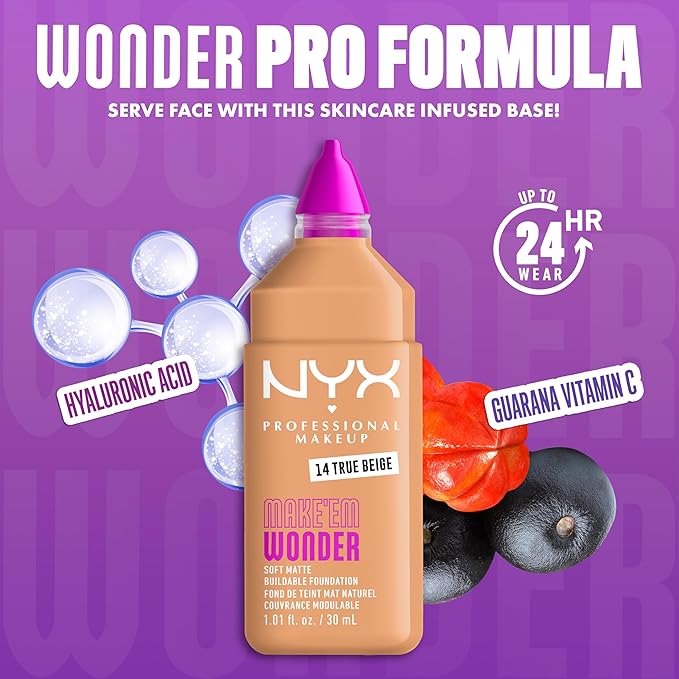 NYX PROFESSIONAL MAKEUP Make 'Em Wonder Liquid Foundation, 24HR Foundation Makeup With A Soft Matte Finish, Buildable Full Coverage - 14 True Beige