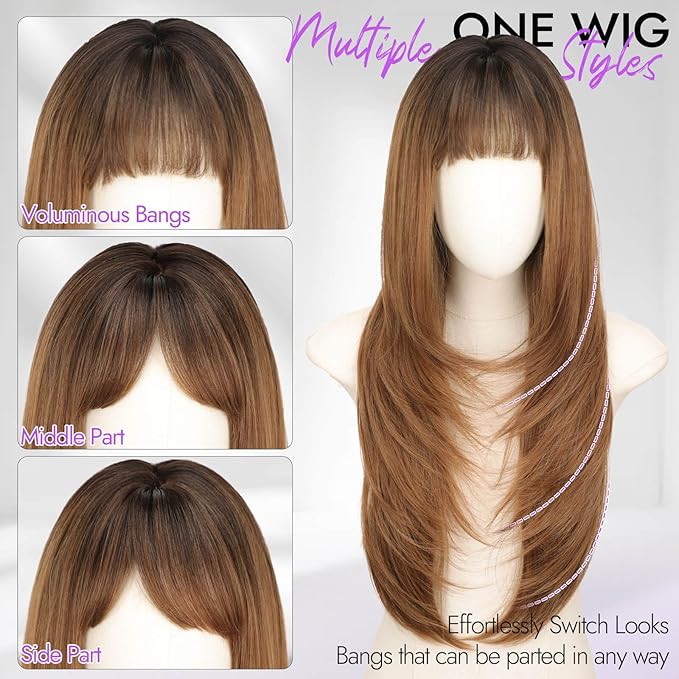 Long Light Brown Wig with Bangs for Women- Dark Root to Brown,4x4 Realistic Scalp,Free Parting,Layered Hairstyle Synthetic Heat Resistant for Daily Party Use 26 inch