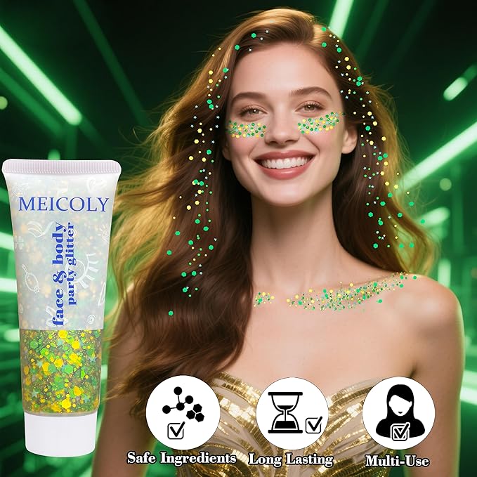 MEICOLY Gold and Green Face Glitter,Holographic Gold Hair Accessories,Sparkle Self-Adhesive Halloween Body Glitter Makeup for Mardi Gras Carnival Festival Party,St Patricks Day Accessories